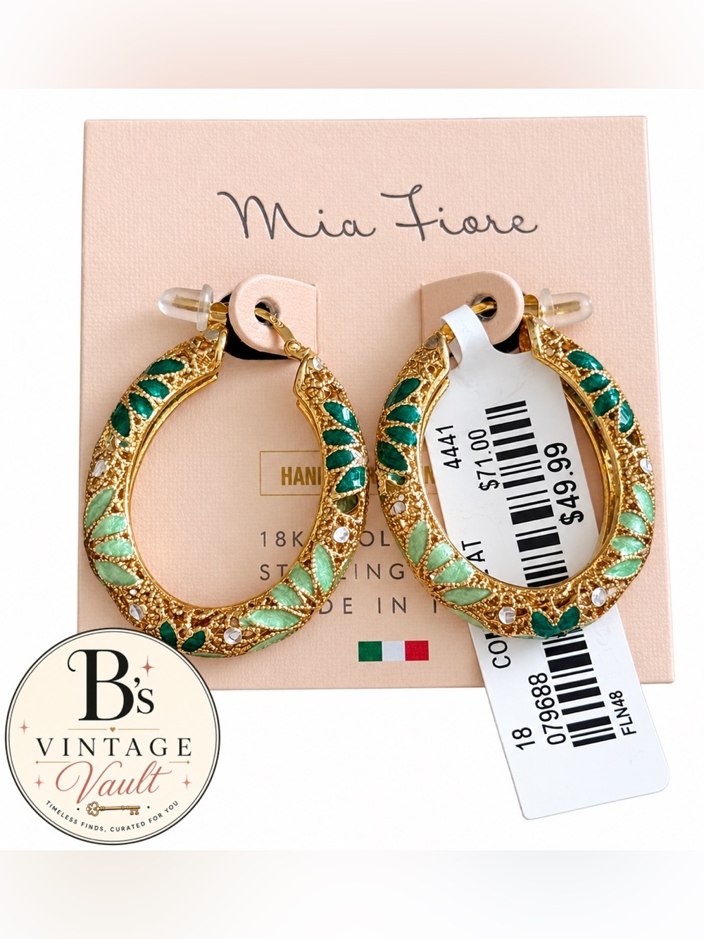 18KT Gold Plated Sterling Silver Hoop Earrings with Green Enamel Florals